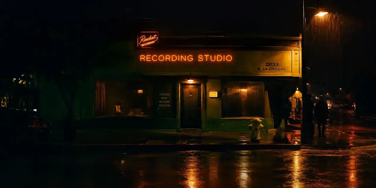 雨夜录音棚外的街景，军绿立面与橙黄霓虹，人物剪影迎接第一手爆料